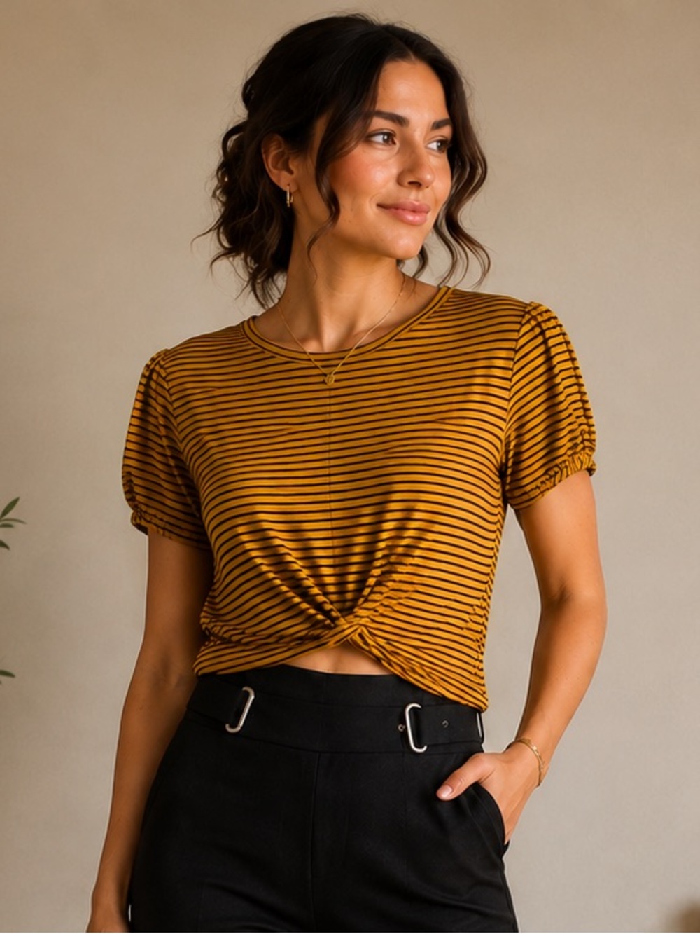 Haute Monde Mustard & Black Striped Twist Front Puff Sleeve Top